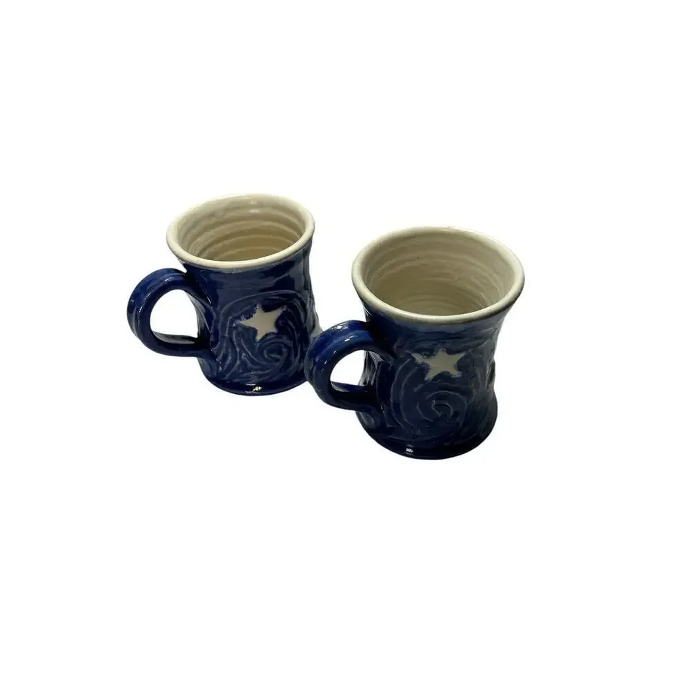 Handmade Art Ceramic Pottery Pair Of Sun And Moon Mugs Blue And White 2 Cups